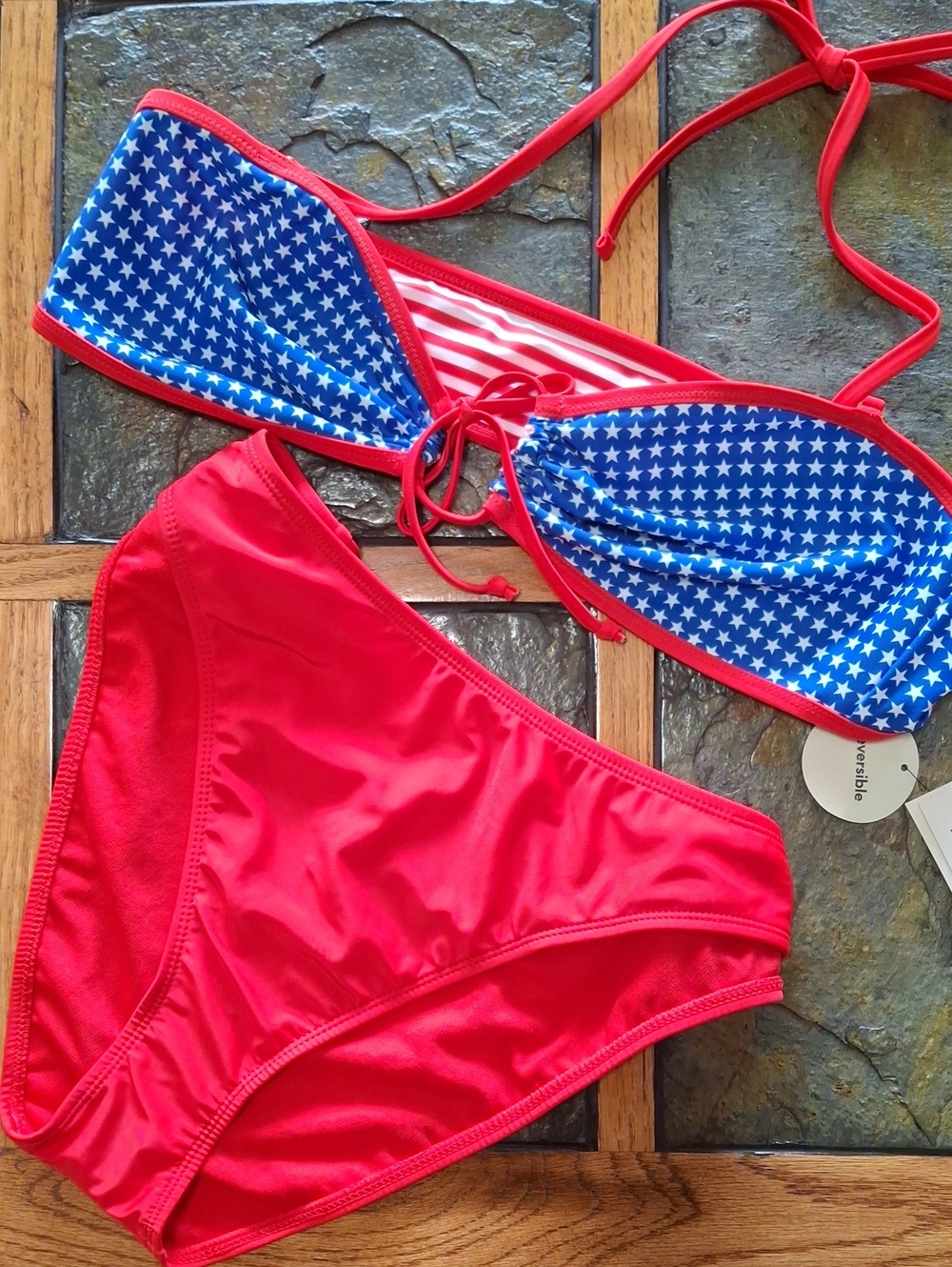 No Boundaries Red & White Stripe Or Blue Star-Print Reversable Bikini